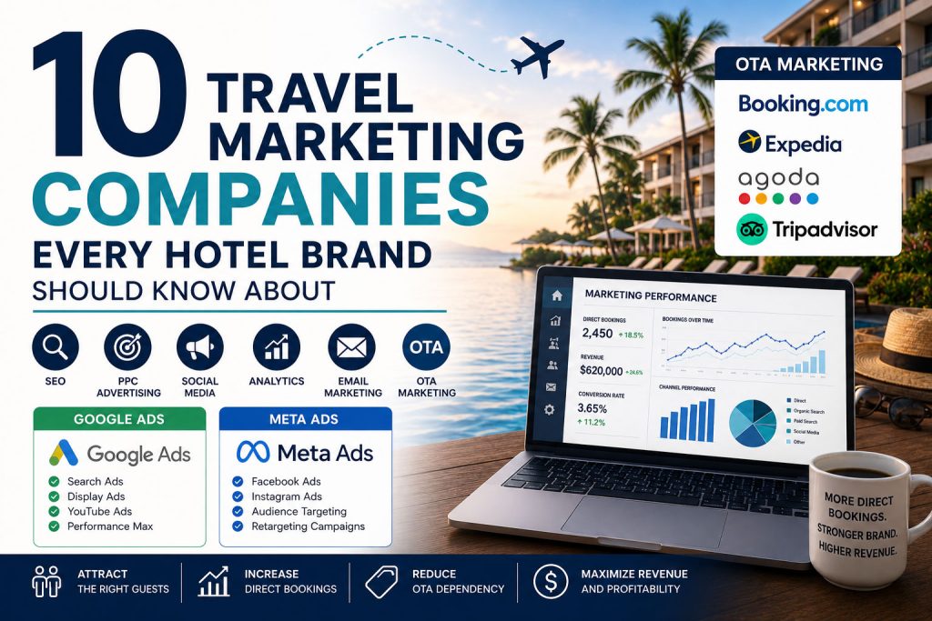 Travel marketing companies infographic showing hotel marketing channels including SEO, PPC, OTA marketing, Google Ads, Meta Ads, and analytics with resort background and performance dashboard