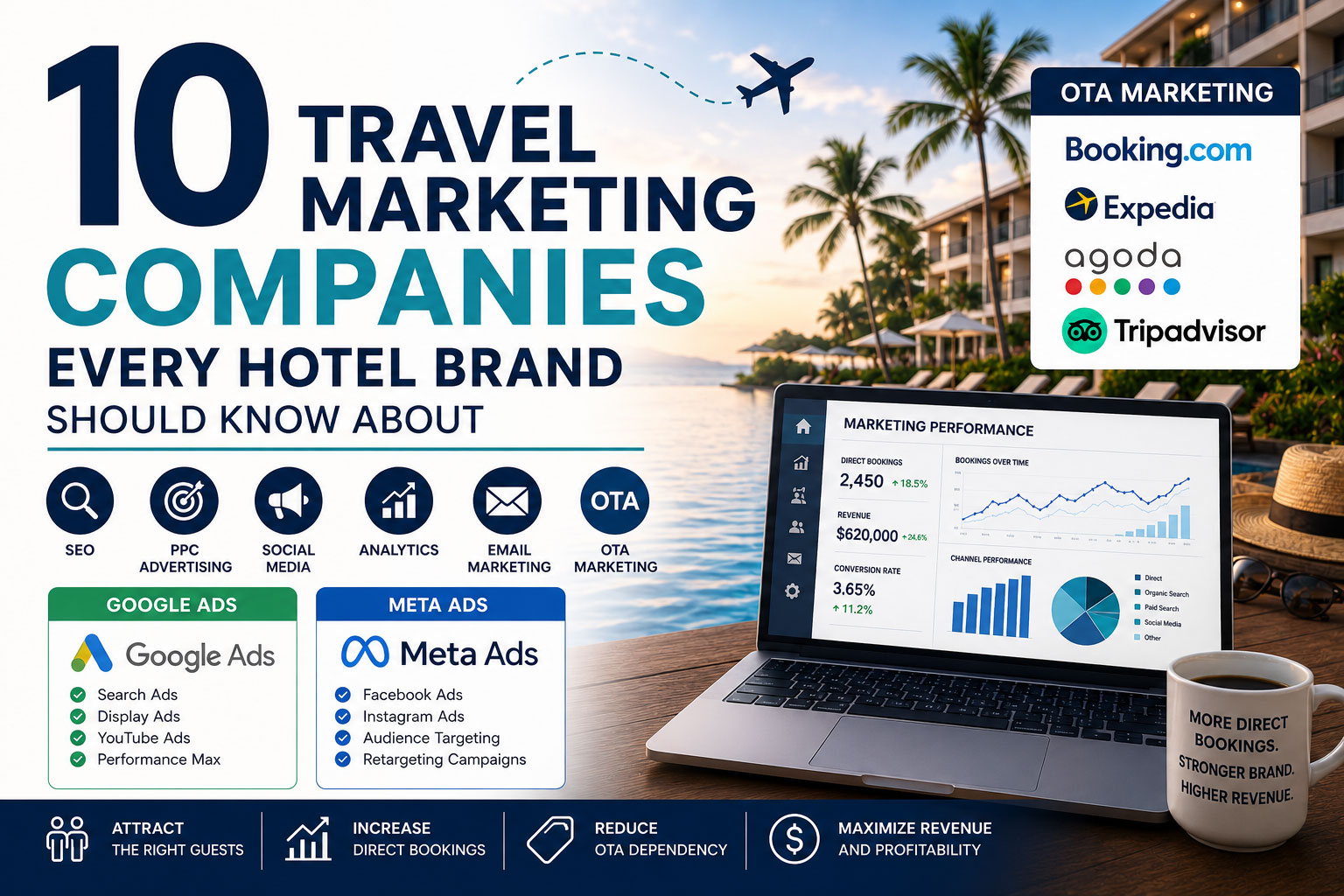 Travel marketing companies infographic showing hotel marketing channels including SEO, PPC, OTA marketing, Google Ads, Meta Ads, and analytics with resort background and performance dashboard