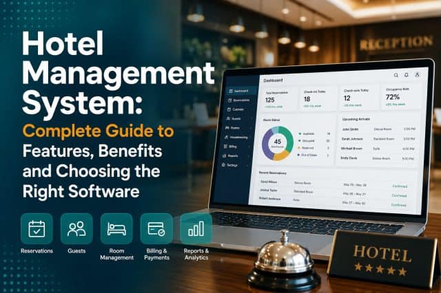 Hotel management system dashboard showing reservations, room management, billing and hotel analytics